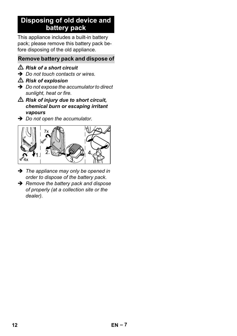 Disposing of old device and battery pack | Karcher WV 60 Plus User Manual | Page 12 / 144