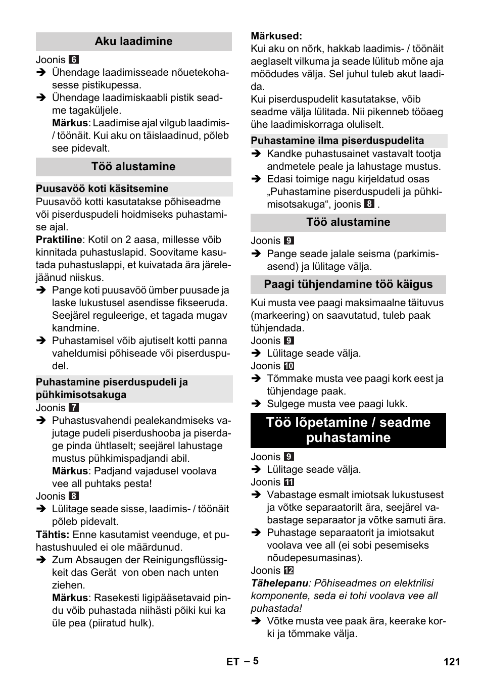 Töö lõpetamine / seadme puhastamine | Karcher WV 60 Plus User Manual | Page 121 / 144