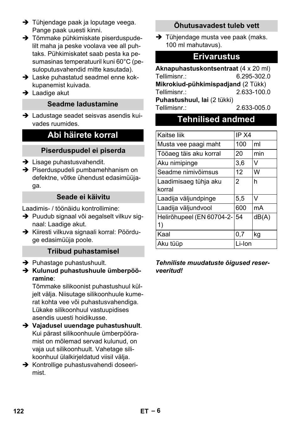 Abi häirete korral, Erivarustus tehnilised andmed | Karcher WV 60 Plus User Manual | Page 122 / 144