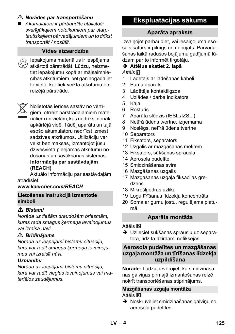 Ekspluatācijas sākums | Karcher WV 60 Plus User Manual | Page 125 / 144