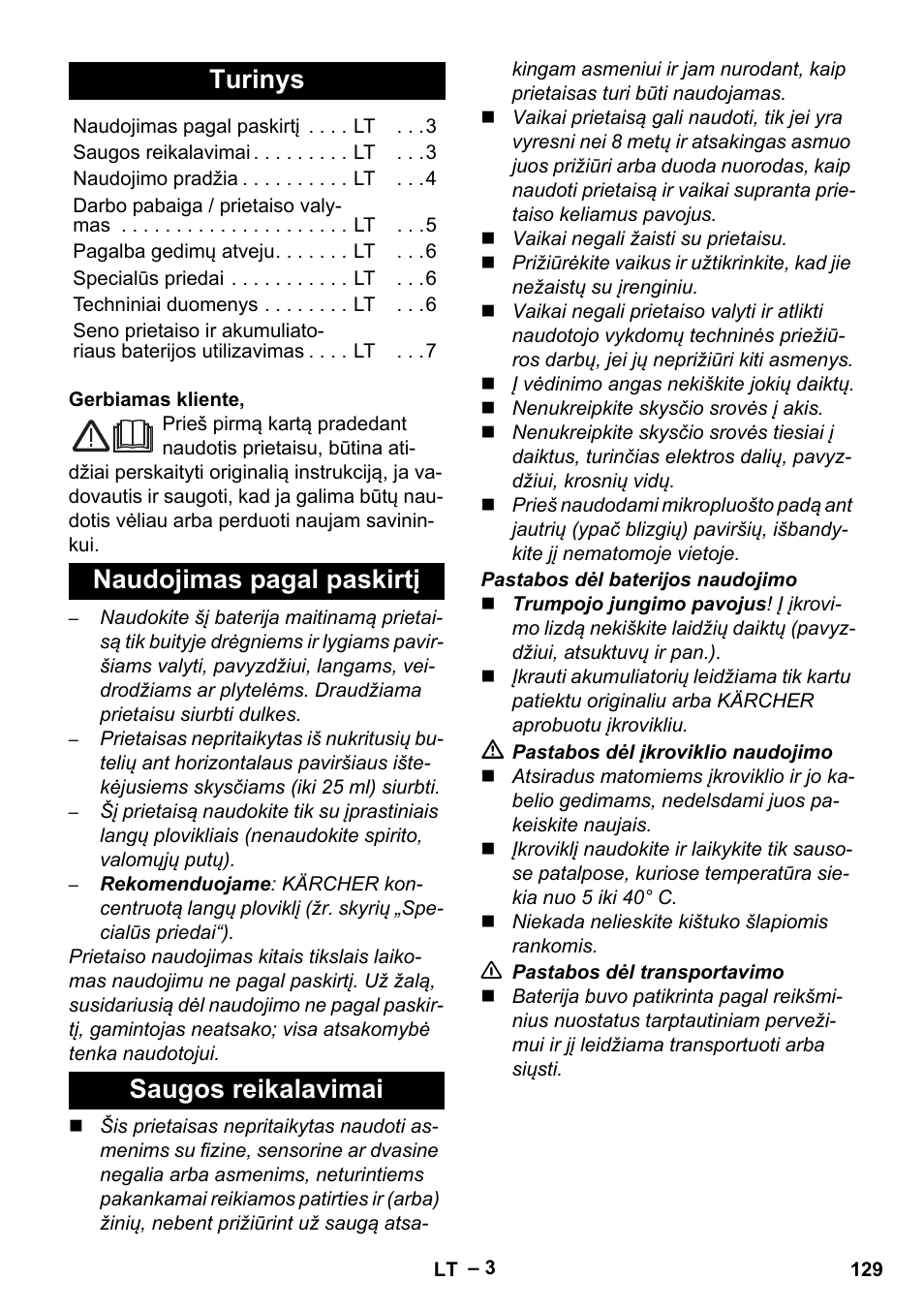 Lietuviškai, Turinys, Naudojimas pagal paskirtį saugos reikalavimai | Karcher WV 60 Plus User Manual | Page 129 / 144