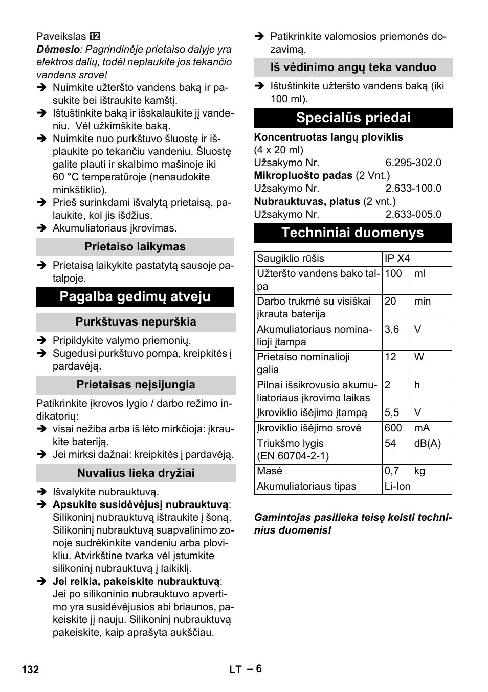 Pagalba gedimų atveju, Specialūs priedai techniniai duomenys | Karcher WV 60 Plus User Manual | Page 132 / 144