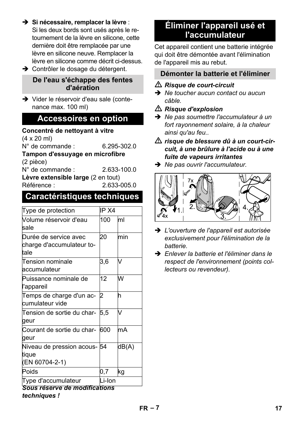 Accessoires en option caractéristiques techniques, Éliminer l'appareil usé et l'accumulateur | Karcher WV 60 Plus User Manual | Page 17 / 144