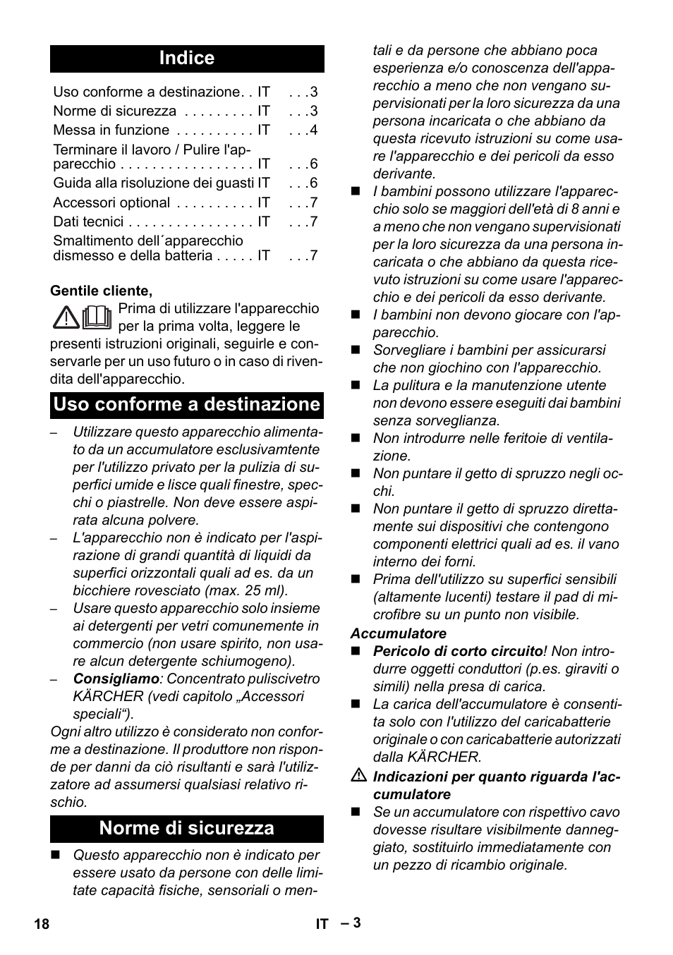 Italiano, Indice, Uso conforme a destinazione norme di sicurezza | Karcher WV 60 Plus User Manual | Page 18 / 144