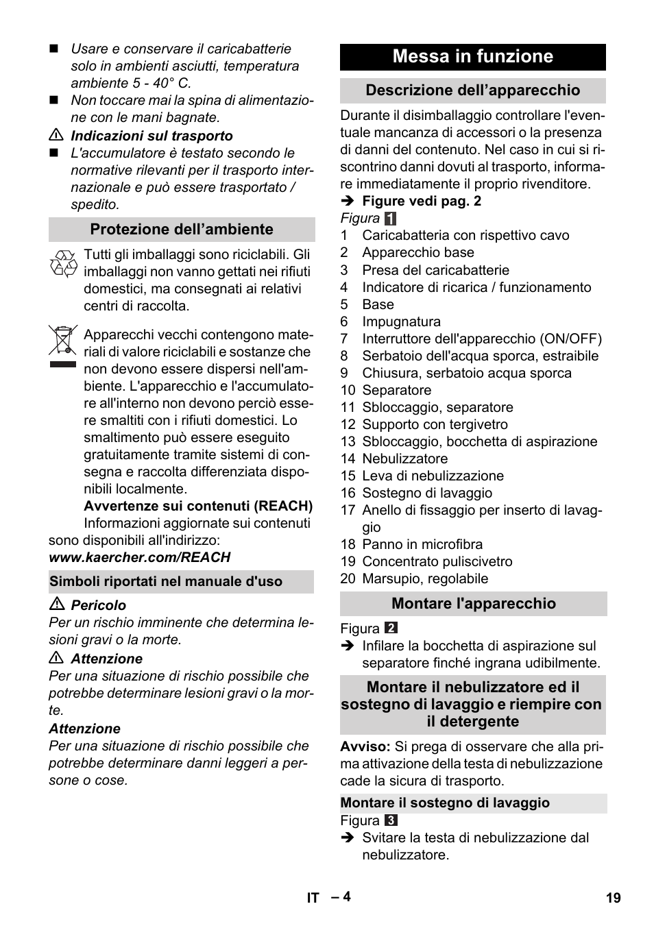 Messa in funzione | Karcher WV 60 Plus User Manual | Page 19 / 144