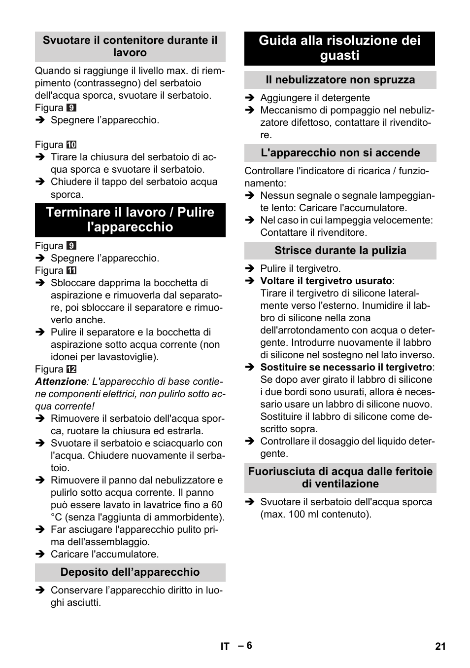 Terminare il lavoro / pulire l'apparecchio, Guida alla risoluzione dei guasti | Karcher WV 60 Plus User Manual | Page 21 / 144