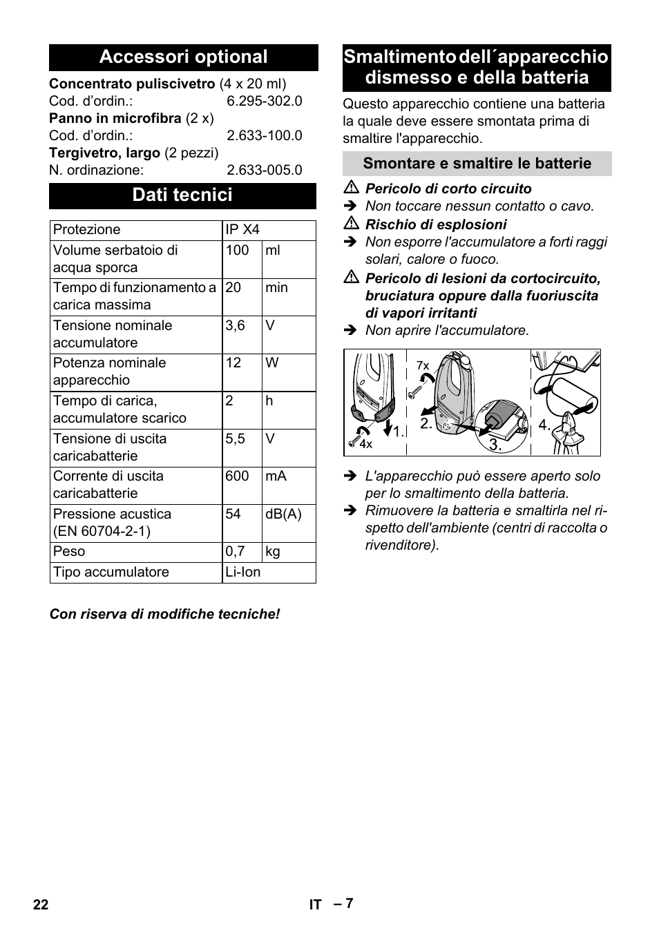 Accessori optional dati tecnici | Karcher WV 60 Plus User Manual | Page 22 / 144