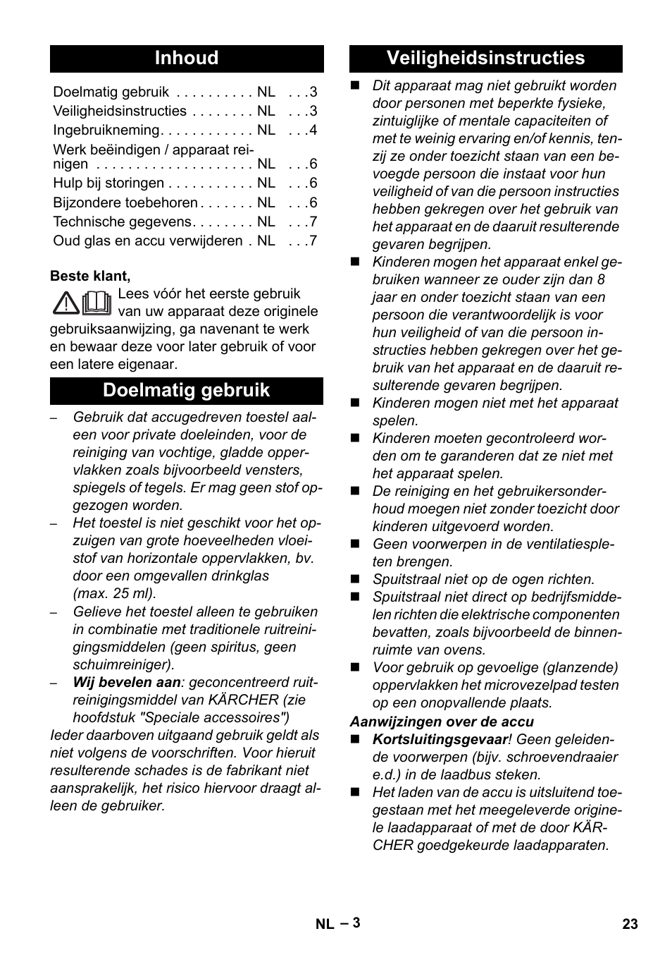 Nederlands, Inhoud, Doelmatig gebruik veiligheidsinstructies | Karcher WV 60 Plus User Manual | Page 23 / 144