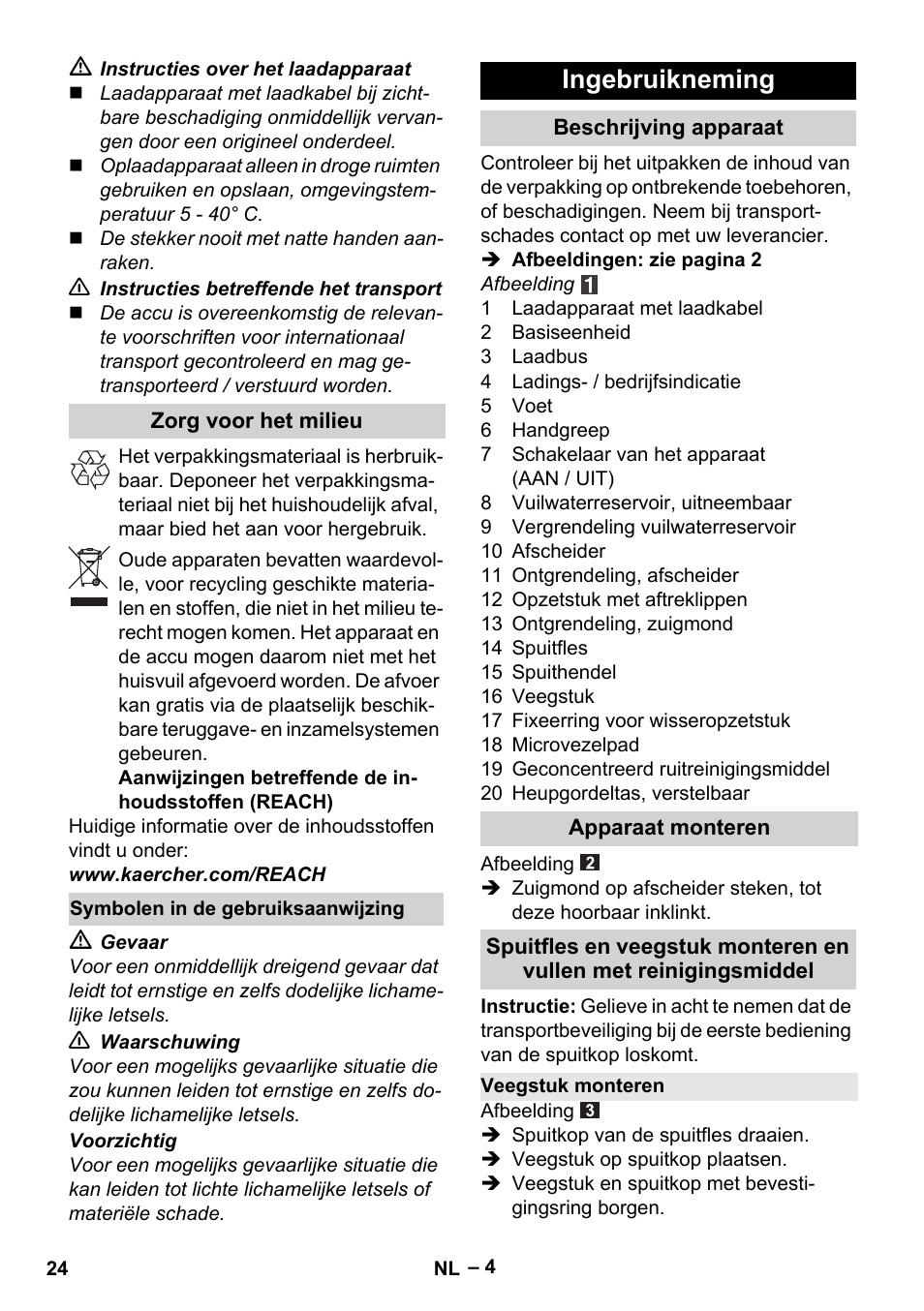 Ingebruikneming | Karcher WV 60 Plus User Manual | Page 24 / 144