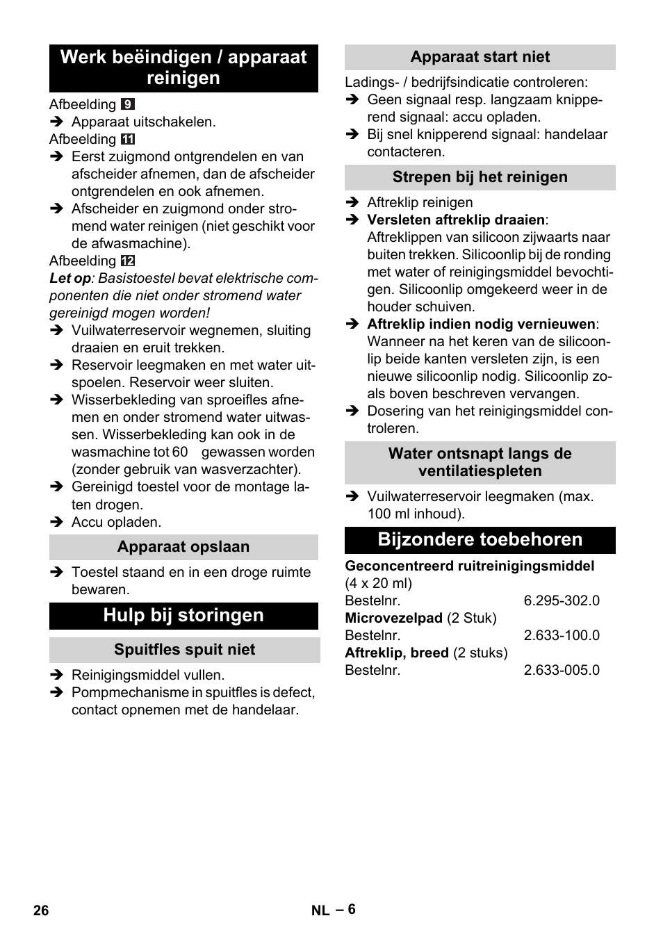 Werk beëindigen / apparaat reinigen, Hulp bij storingen, Bijzondere toebehoren | Karcher WV 60 Plus User Manual | Page 26 / 144