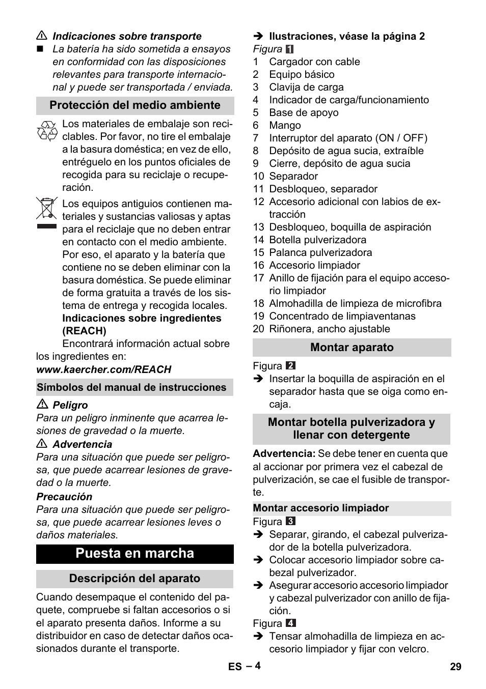 Puesta en marcha | Karcher WV 60 Plus User Manual | Page 29 / 144