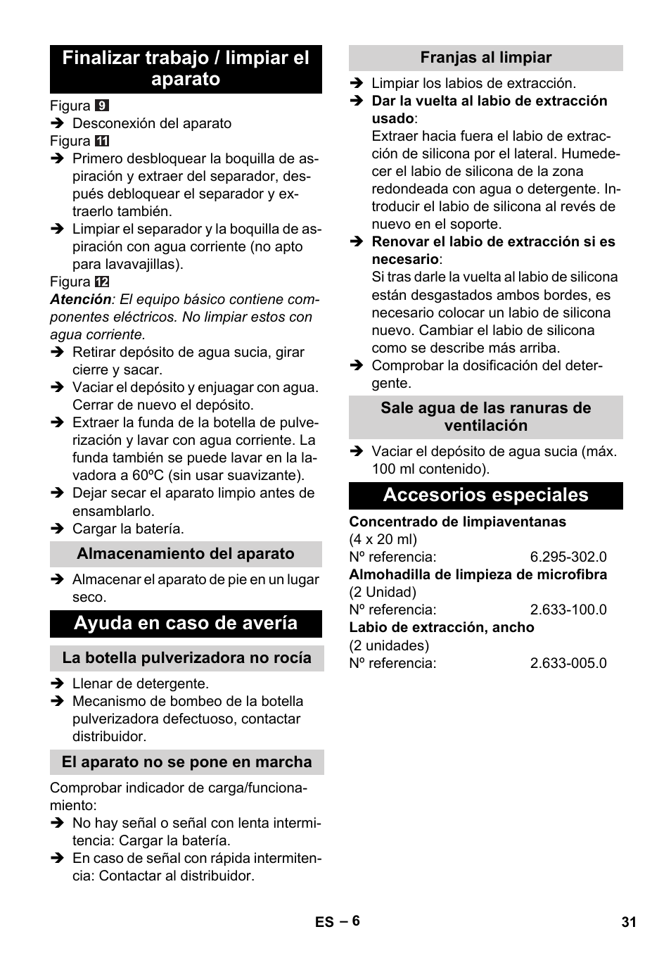 Finalizar trabajo / limpiar el aparato, Ayuda en caso de avería, Accesorios especiales | Karcher WV 60 Plus User Manual | Page 31 / 144