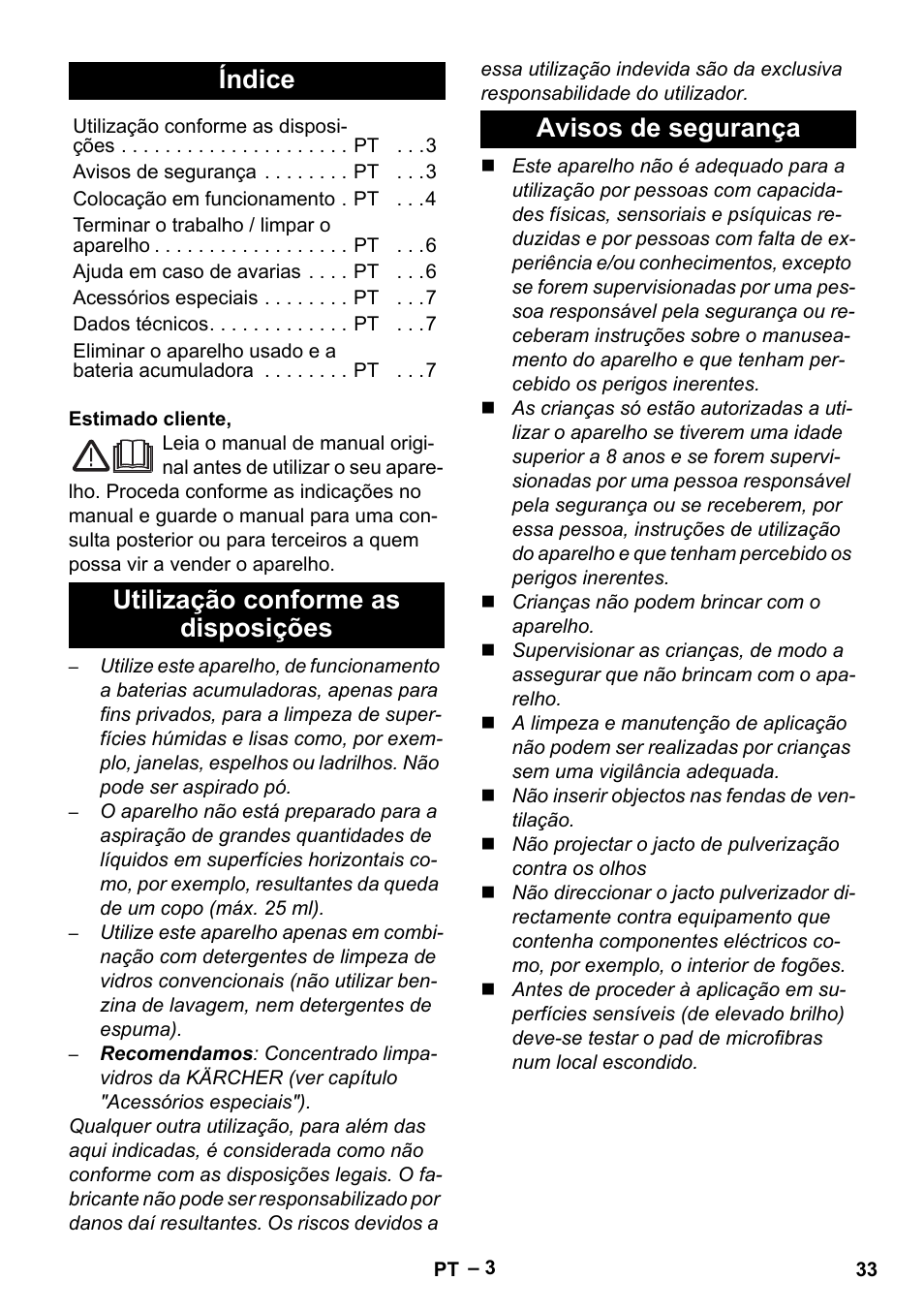 Português, Índice | Karcher WV 60 Plus User Manual | Page 33 / 144