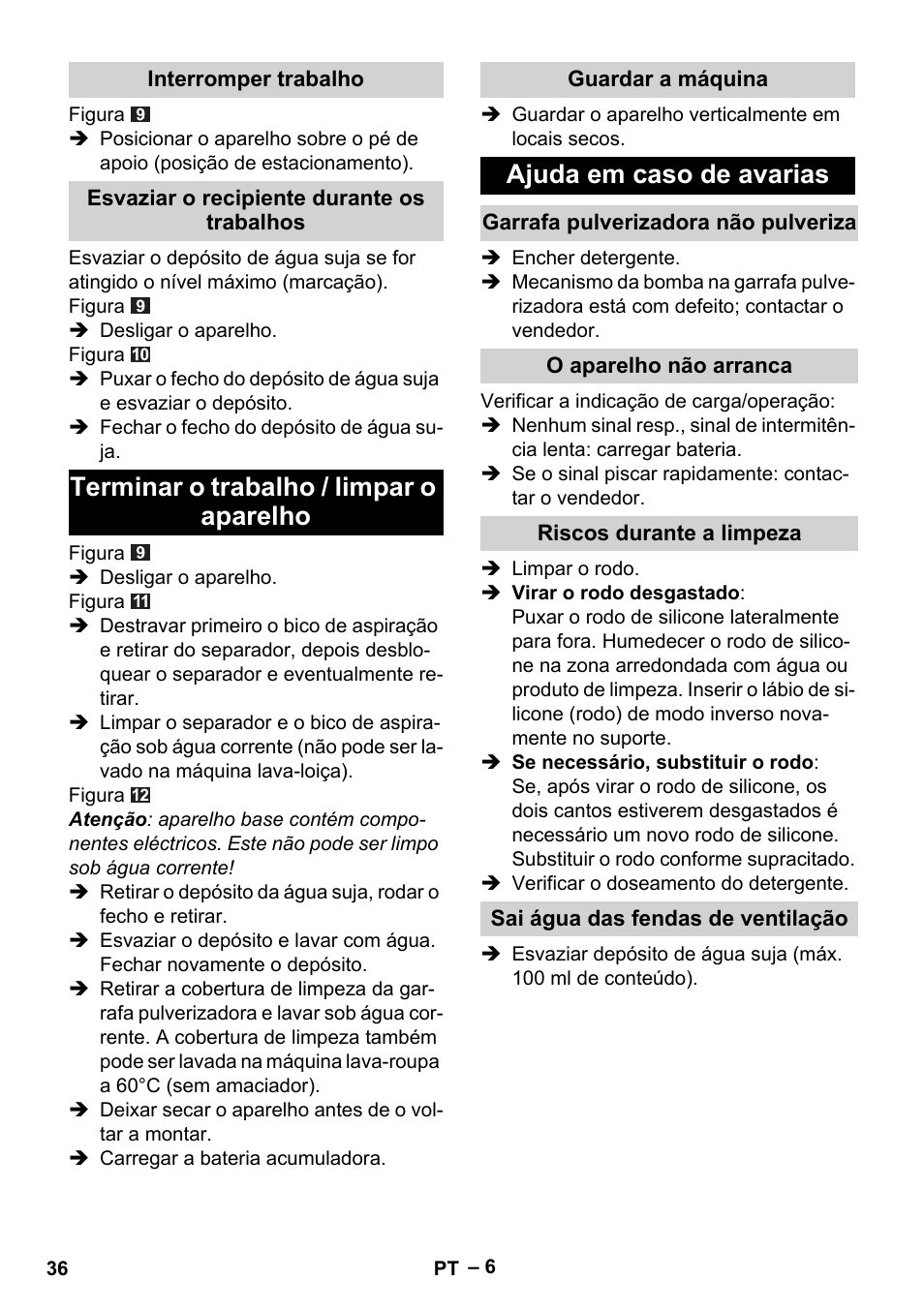 Terminar o trabalho / limpar o aparelho, Ajuda em caso de avarias | Karcher WV 60 Plus User Manual | Page 36 / 144