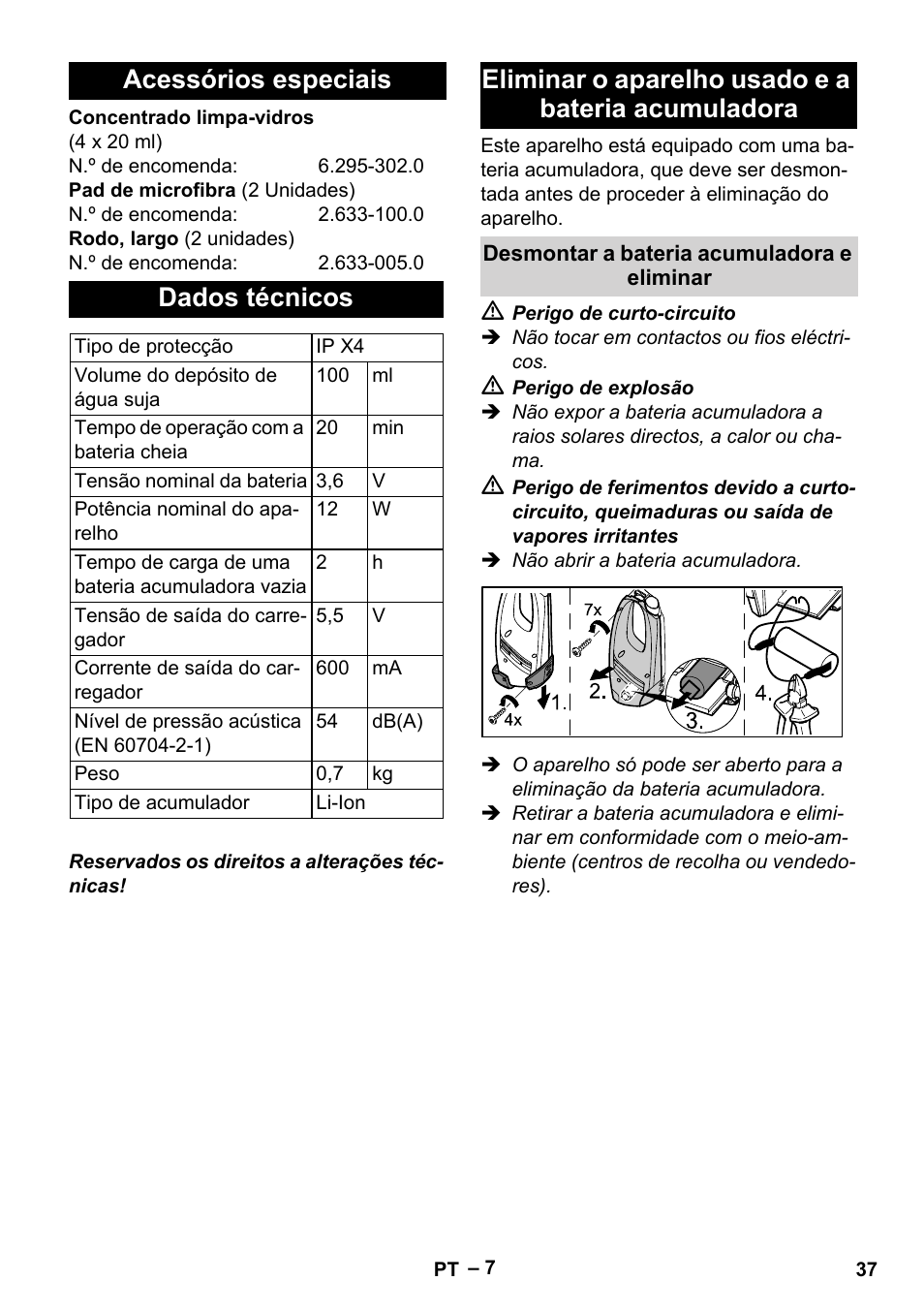 Acessórios especiais dados técnicos, Eliminar o aparelho usado e a bateria acumuladora | Karcher WV 60 Plus User Manual | Page 37 / 144