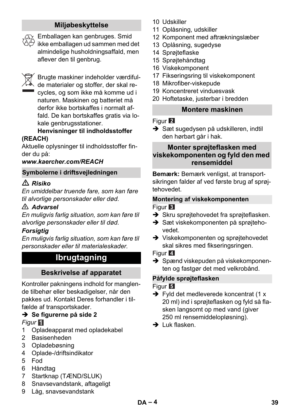 Ibrugtagning | Karcher WV 60 Plus User Manual | Page 39 / 144