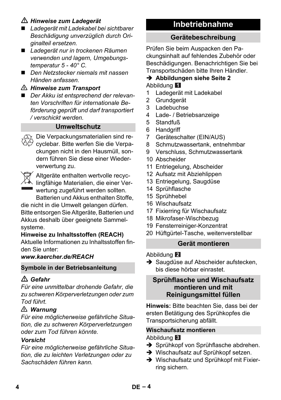 Inbetriebnahme | Karcher WV 60 Plus User Manual | Page 4 / 144