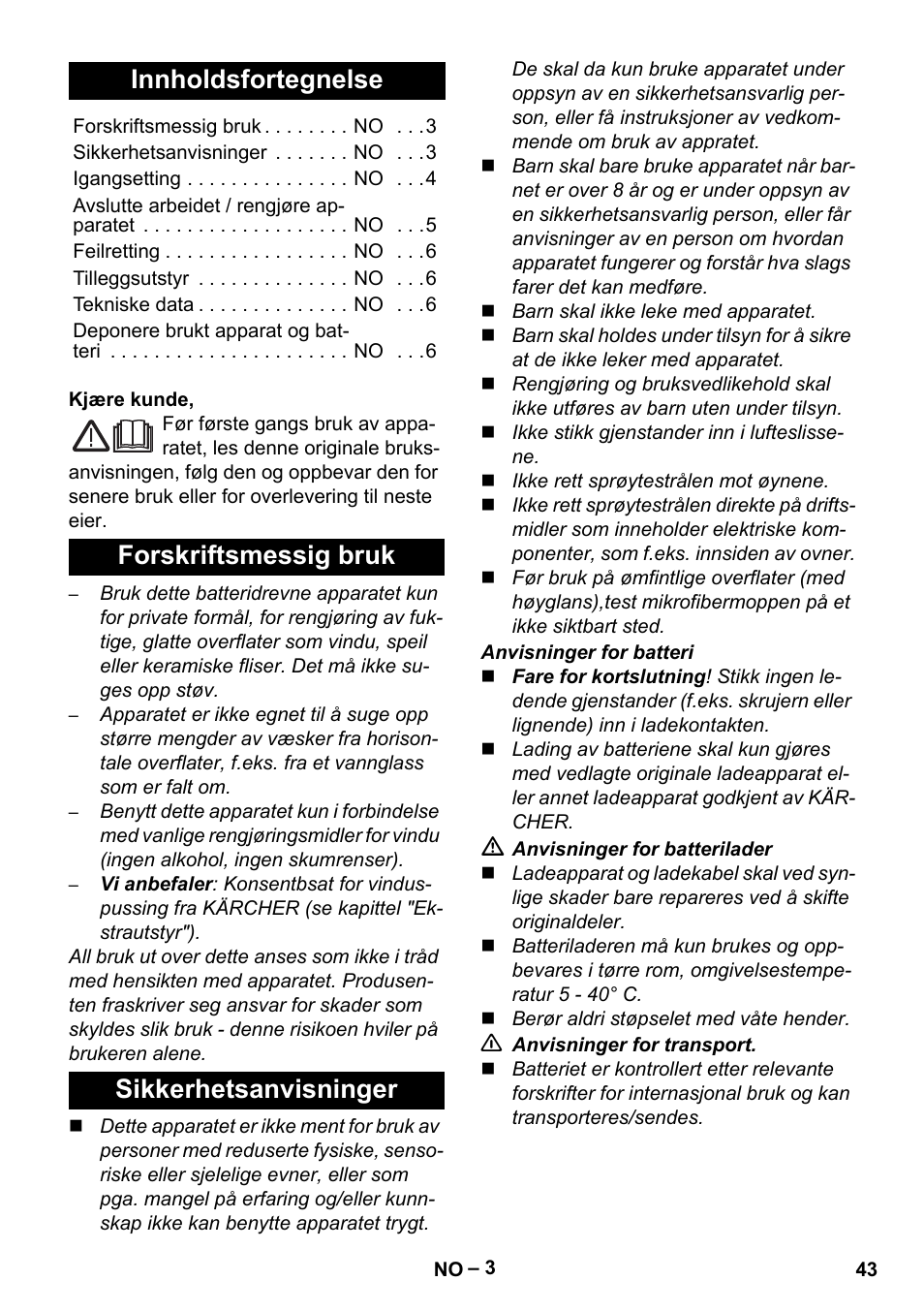 Norsk, Innholdsfortegnelse, Forskriftsmessig bruk sikkerhetsanvisninger | Karcher WV 60 Plus User Manual | Page 43 / 144