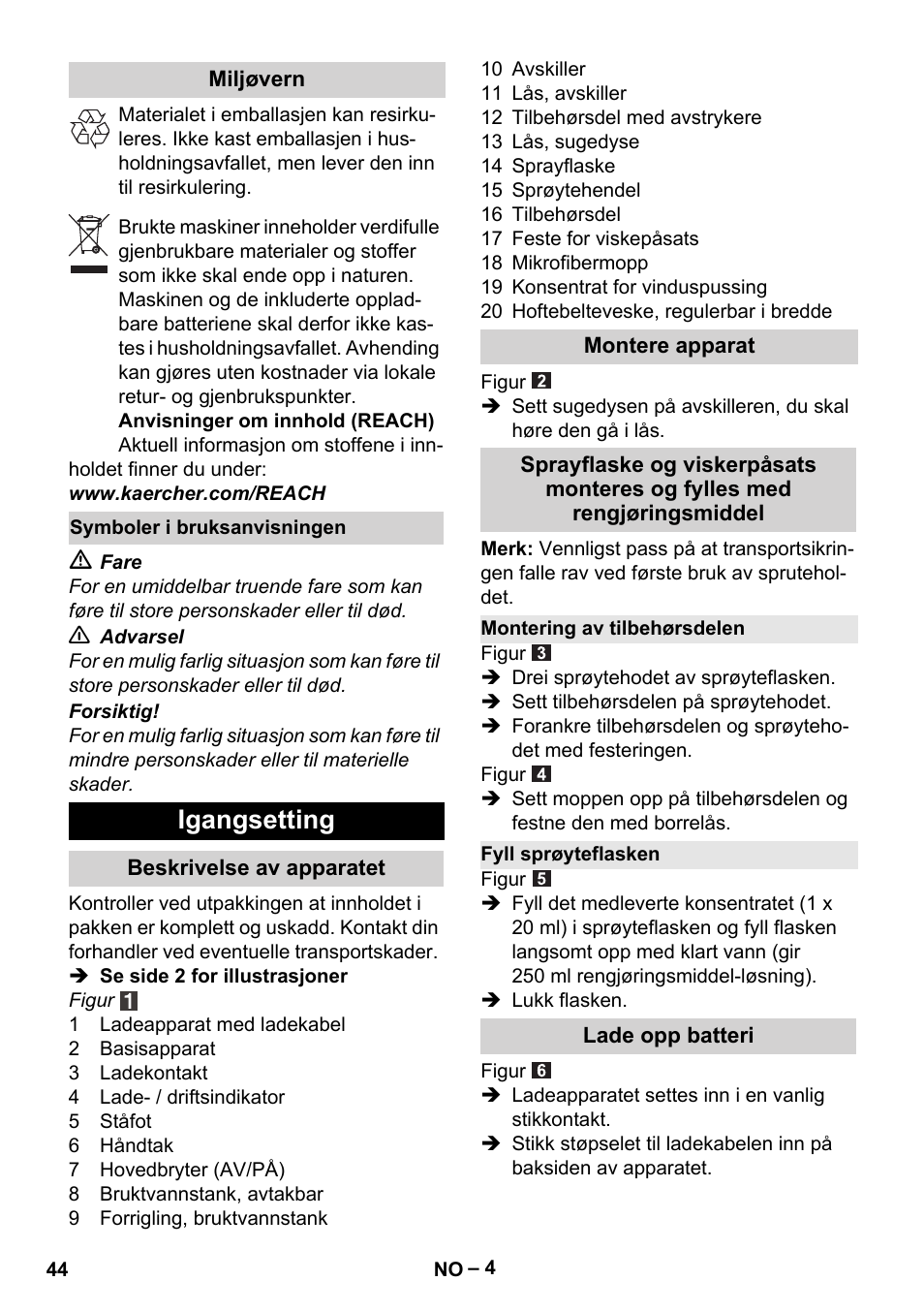 Igangsetting | Karcher WV 60 Plus User Manual | Page 44 / 144