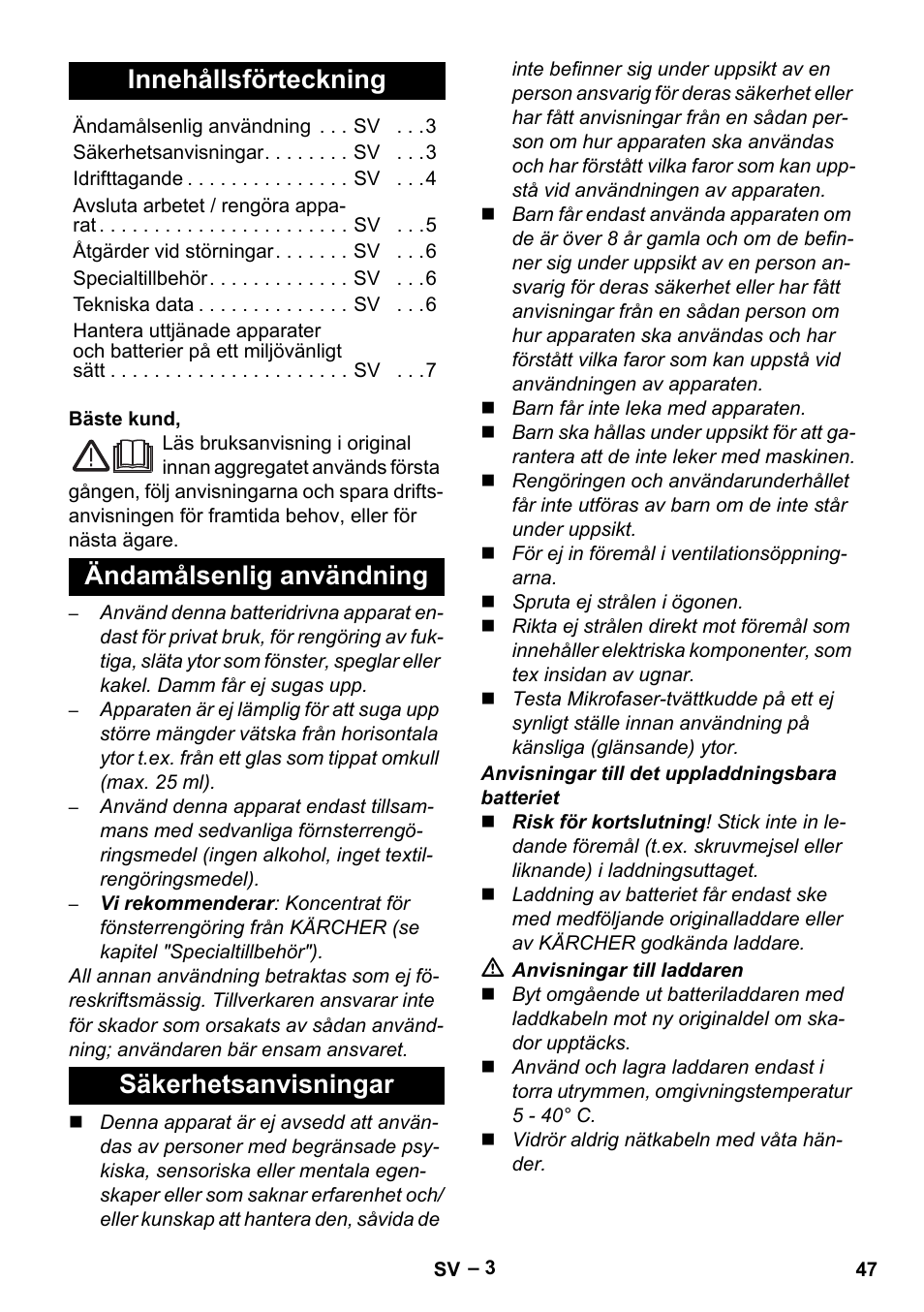 Svenska, Innehållsförteckning, Ändamålsenlig användning säkerhetsanvisningar | Karcher WV 60 Plus User Manual | Page 47 / 144