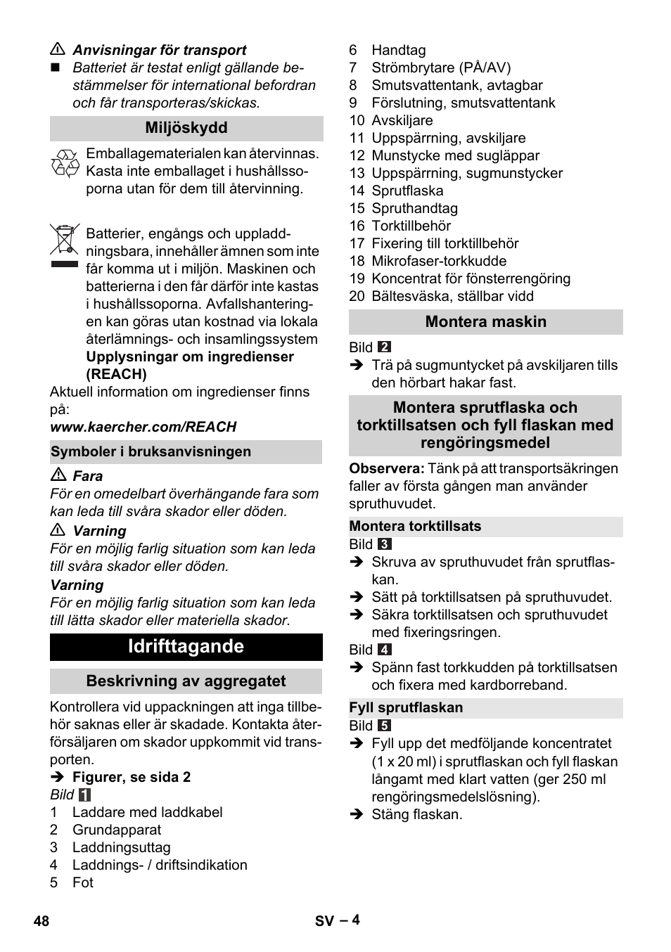 Idrifttagande | Karcher WV 60 Plus User Manual | Page 48 / 144