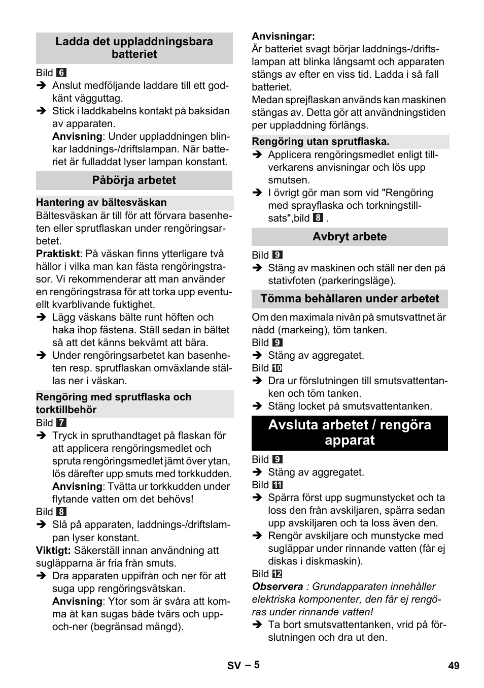 Avsluta arbetet / rengöra apparat | Karcher WV 60 Plus User Manual | Page 49 / 144