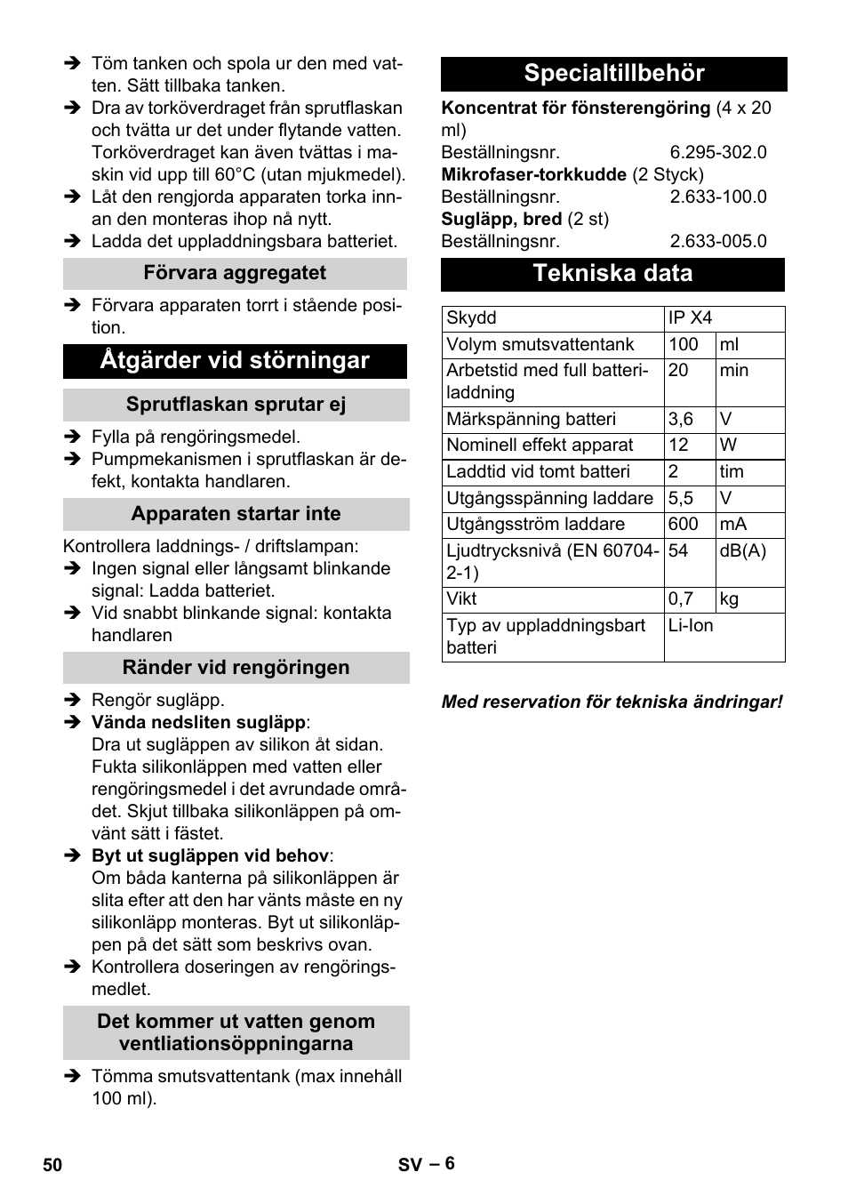 Åtgärder vid störningar, Specialtillbehör tekniska data | Karcher WV 60 Plus User Manual | Page 50 / 144