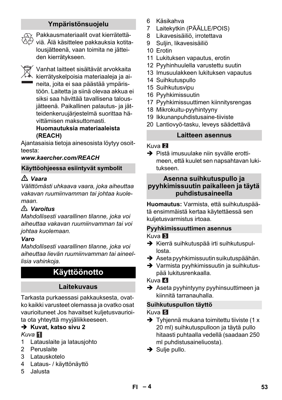 Käyttöönotto | Karcher WV 60 Plus User Manual | Page 53 / 144