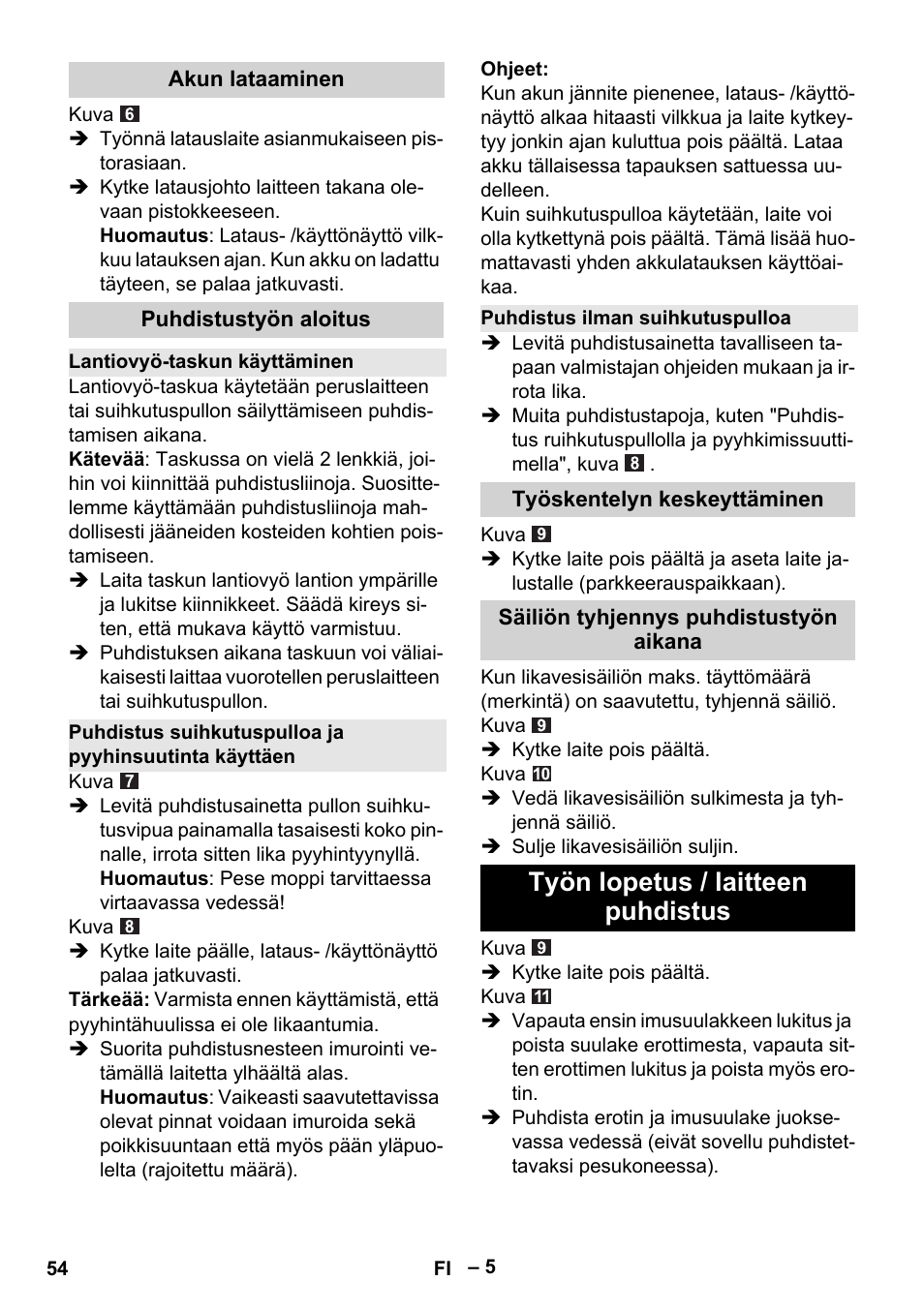 Työn lopetus / laitteen puhdistus | Karcher WV 60 Plus User Manual | Page 54 / 144