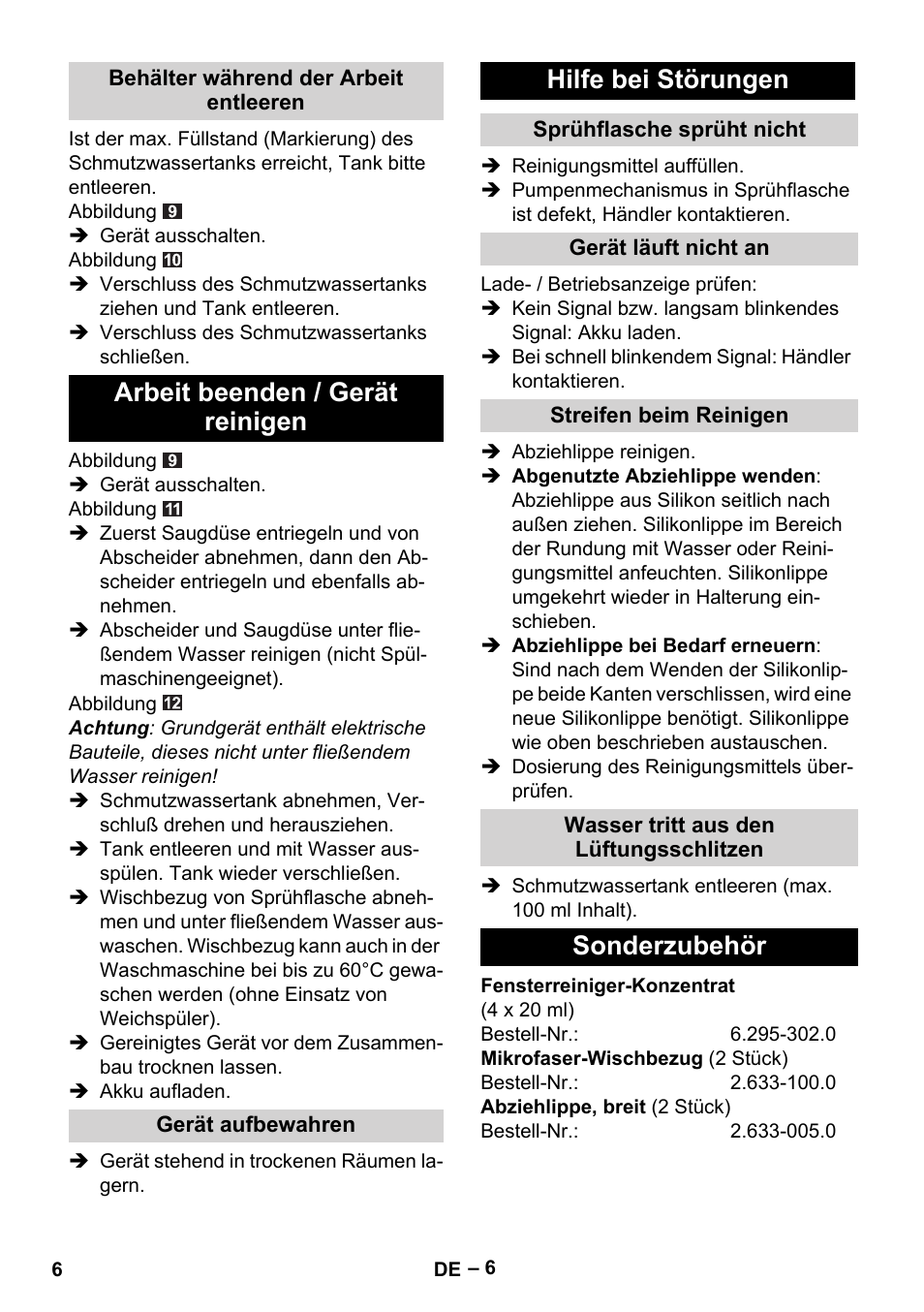 Arbeit beenden / gerät reinigen, Hilfe bei störungen, Sonderzubehör | Karcher WV 60 Plus User Manual | Page 6 / 144