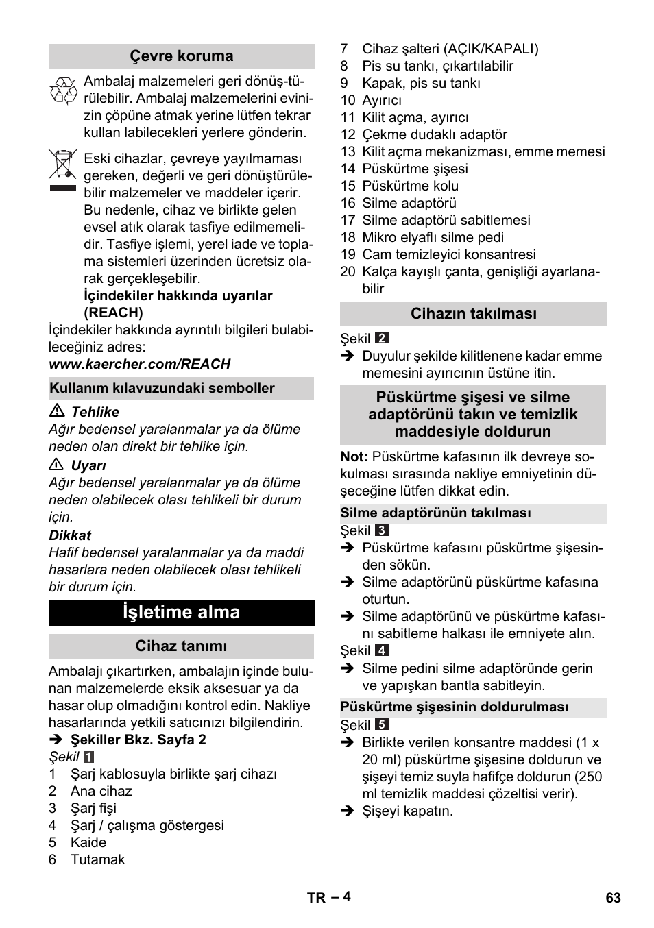 Işletime alma | Karcher WV 60 Plus User Manual | Page 63 / 144