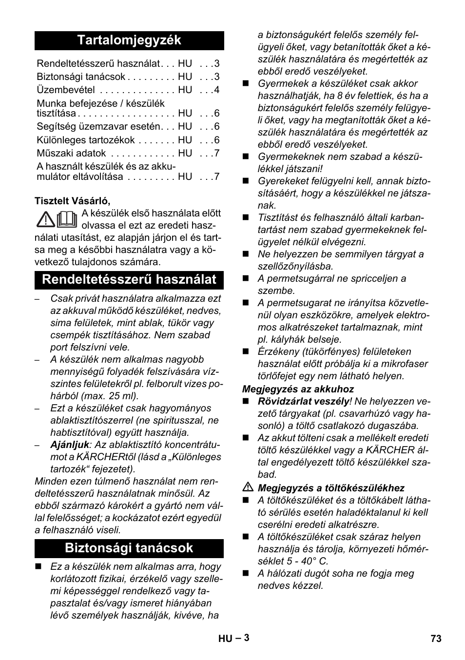 Magyar, Tartalomjegyzék, Rendeltetésszerű használat biztonsági tanácsok | Karcher WV 60 Plus User Manual | Page 73 / 144