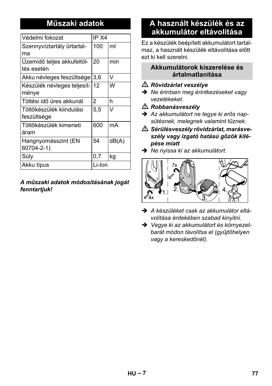 Műszaki adatok, A használt készülék és az akkumulátor eltávolítása | Karcher WV 60 Plus User Manual | Page 77 / 144