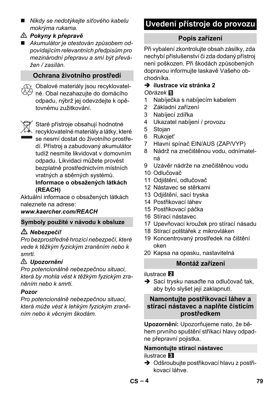 Uvedení přístroje do provozu | Karcher WV 60 Plus User Manual | Page 79 / 144