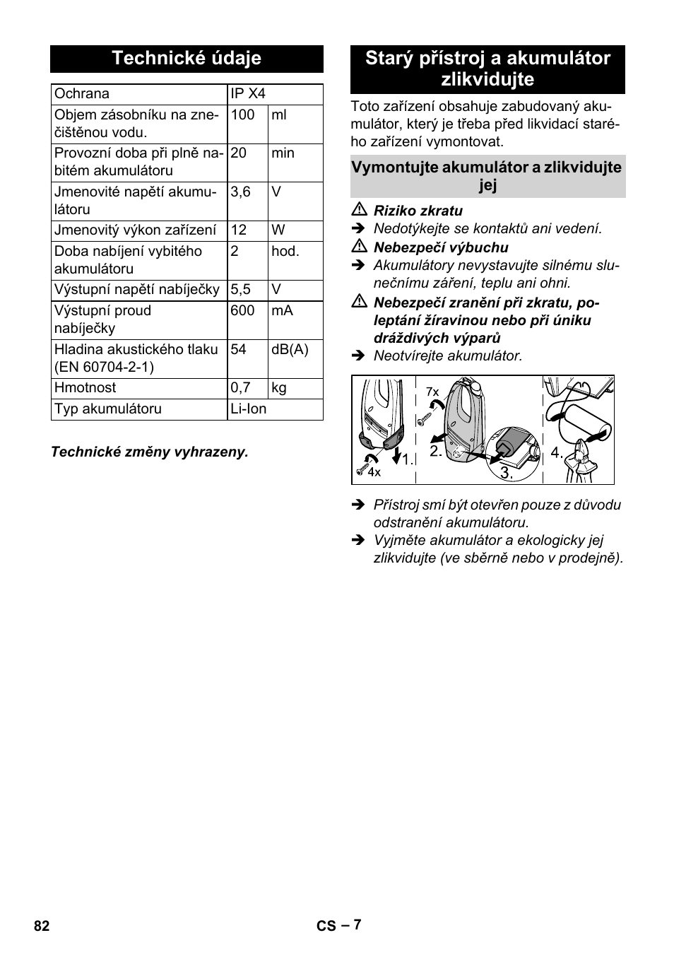 Technické údaje, Starý přístroj a akumulátor zlikvidujte | Karcher WV 60 Plus User Manual | Page 82 / 144