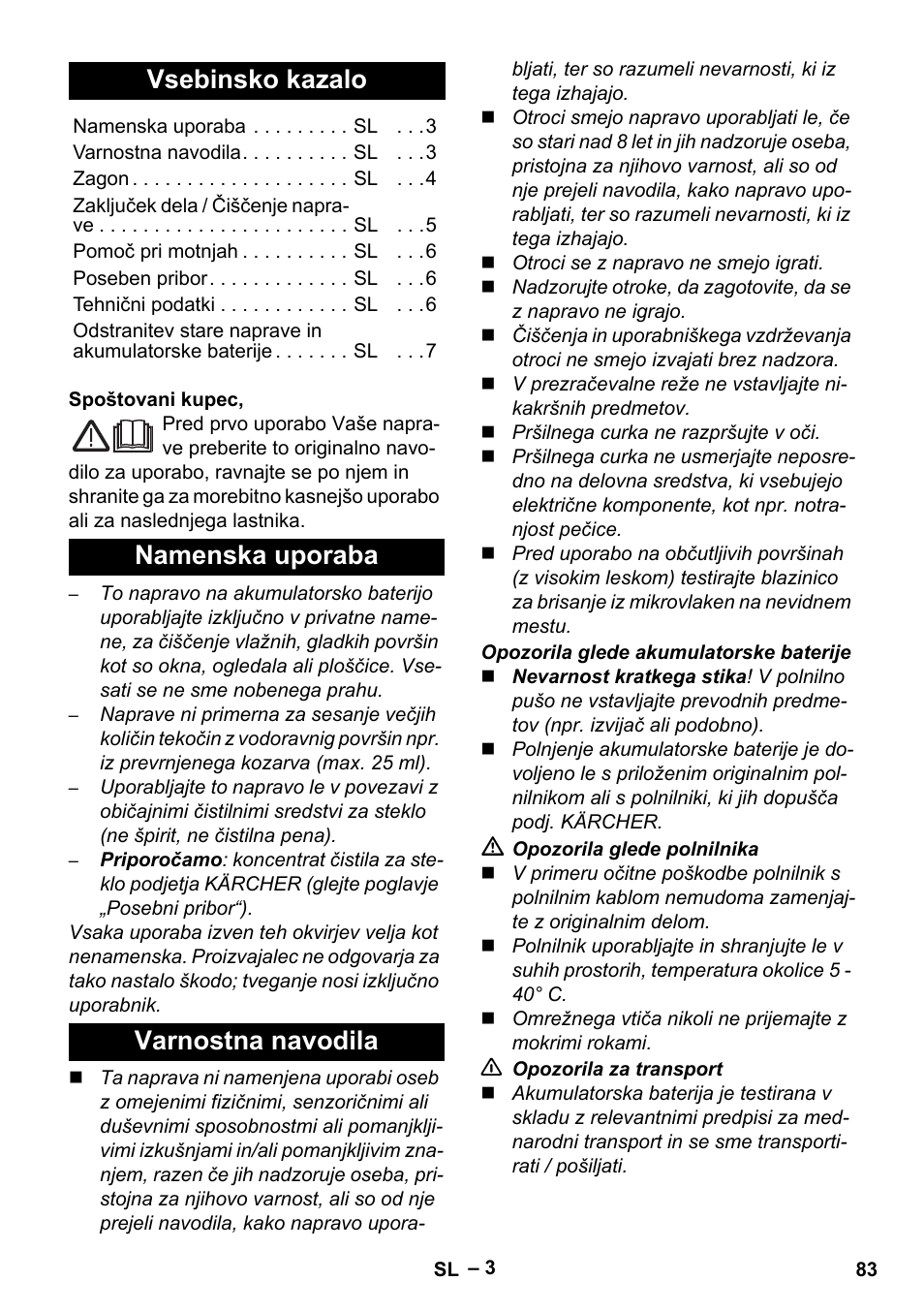 Slovenščina, Slovenšina, Vsebinsko kazalo | Namenska uporaba varnostna navodila | Karcher WV 60 Plus User Manual | Page 83 / 144