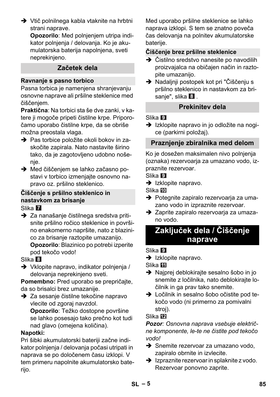 Zaključek dela / čiščenje naprave | Karcher WV 60 Plus User Manual | Page 85 / 144