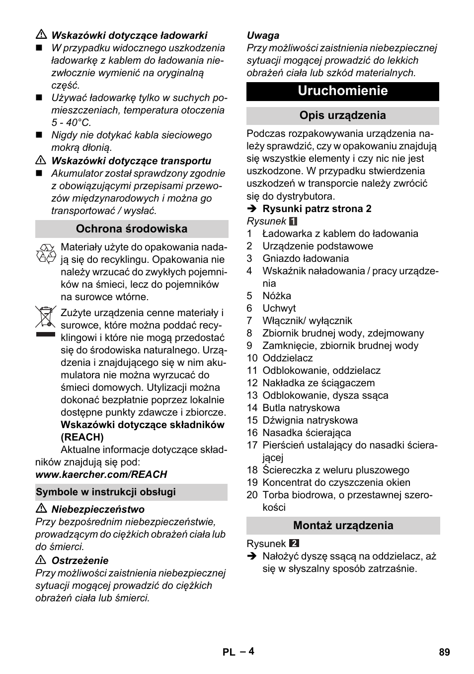 Uruchomienie | Karcher WV 60 Plus User Manual | Page 89 / 144
