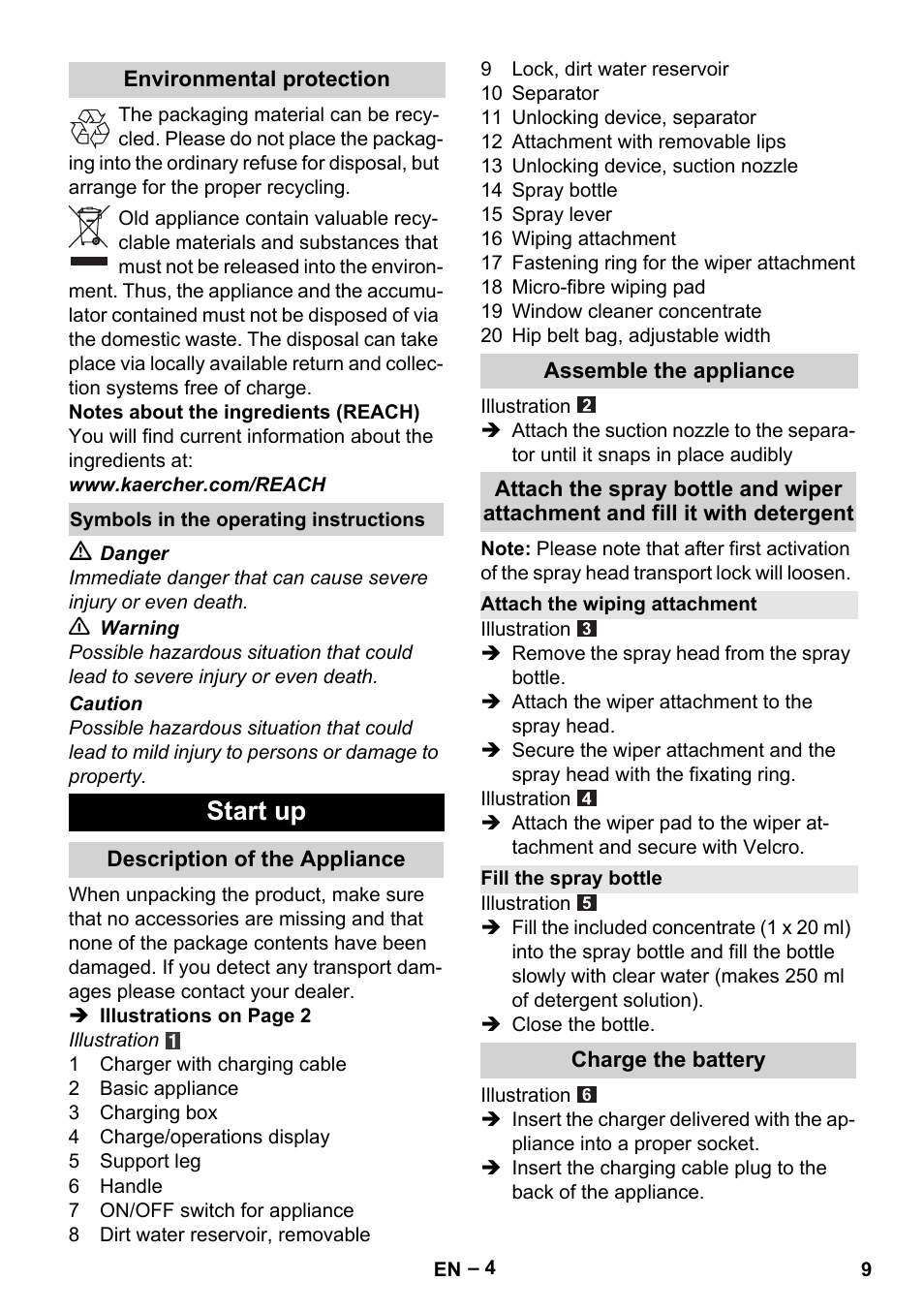 Start up | Karcher WV 60 Plus User Manual | Page 9 / 144