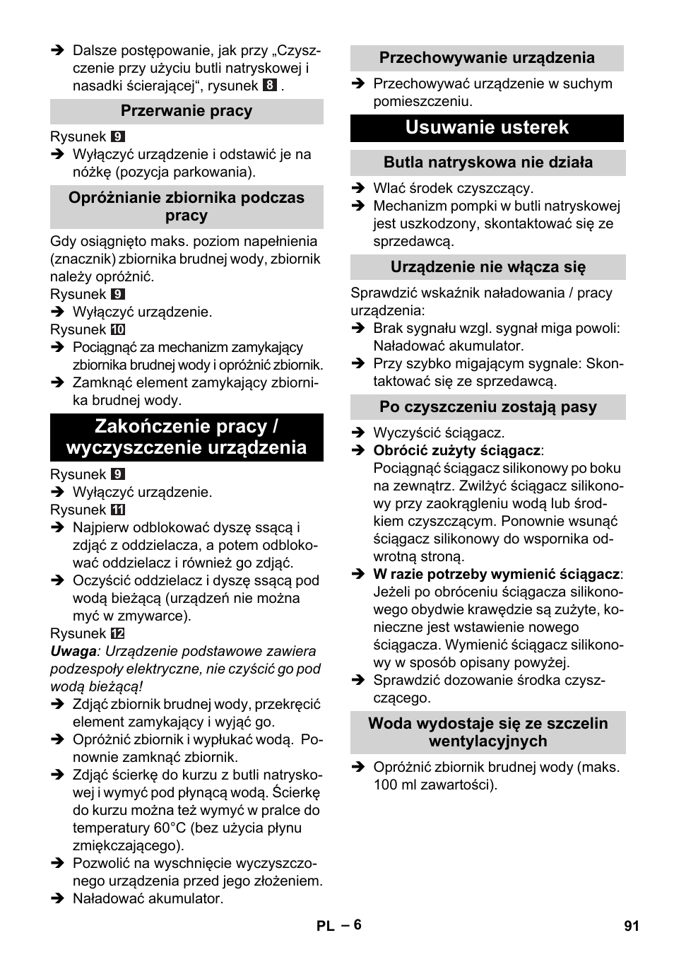 Zakończenie pracy / wyczyszczenie urządzenia, Usuwanie usterek | Karcher WV 60 Plus User Manual | Page 91 / 144