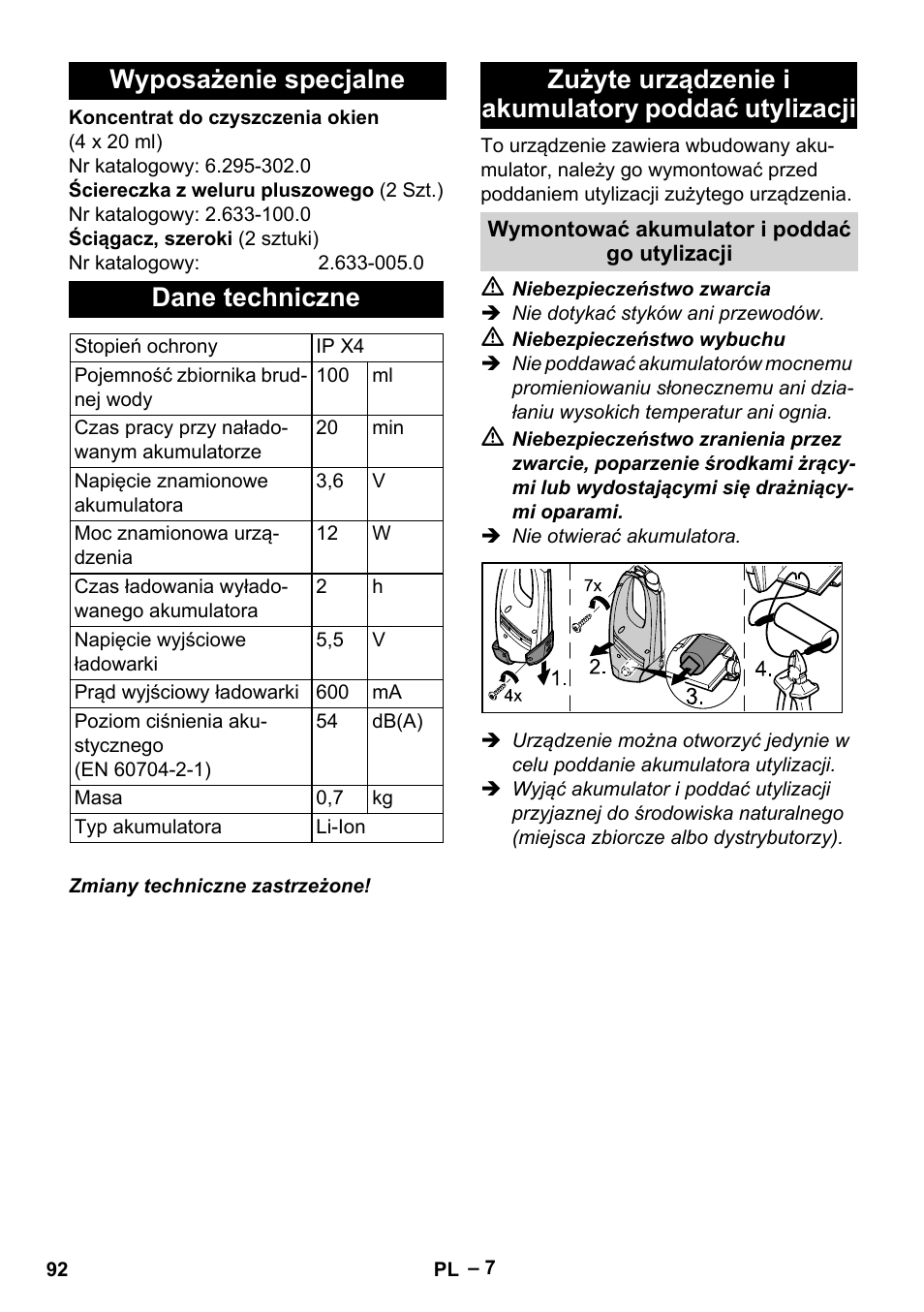 Wyposażenie specjalne dane techniczne, Zużyte urządzenie i akumulatory poddać utylizacji | Karcher WV 60 Plus User Manual | Page 92 / 144