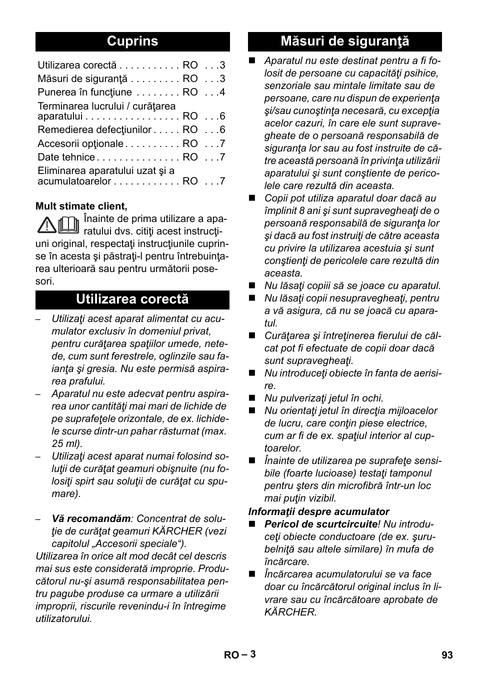 Româneşte, Românete, Cuprins | Utilizarea corectă măsuri de siguranţă | Karcher WV 60 Plus User Manual | Page 93 / 144