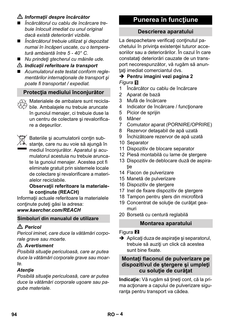 Punerea în funcţiune | Karcher WV 60 Plus User Manual | Page 94 / 144