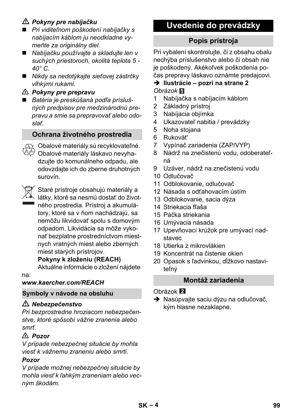 Uvedenie do prevádzky | Karcher WV 60 Plus User Manual | Page 99 / 144