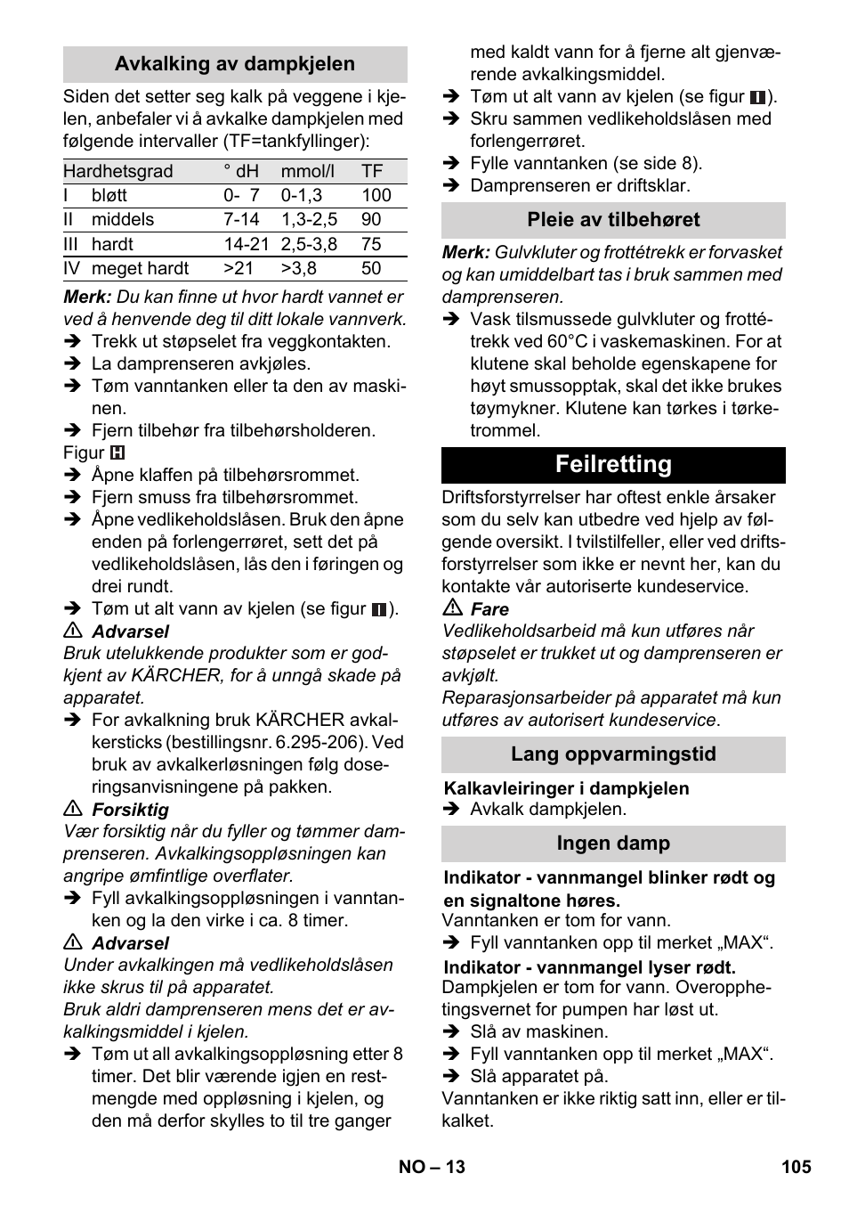 Feilretting | Karcher SC 6-800 C User Manual | Page 105 / 326