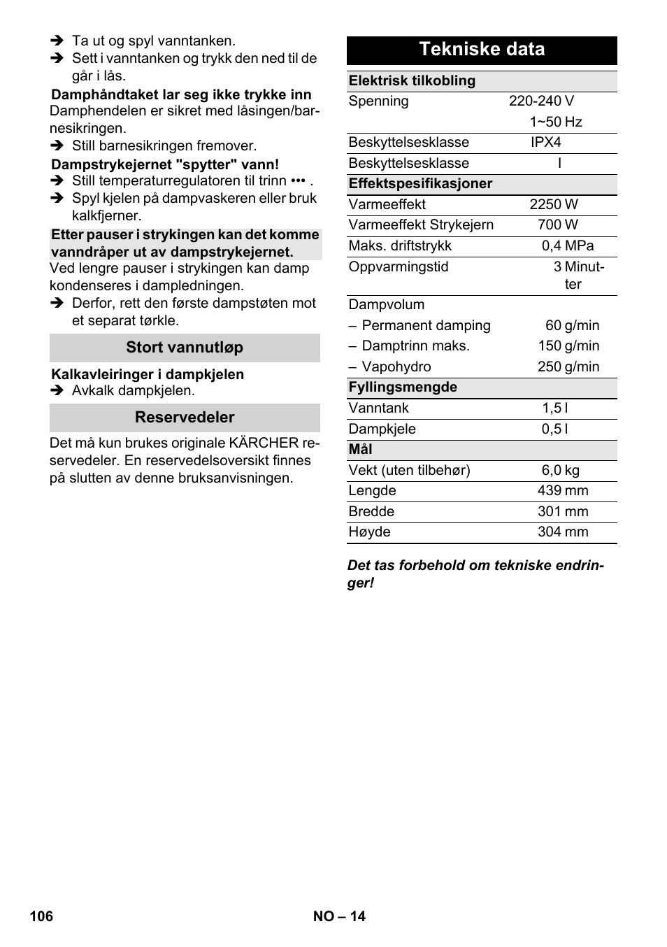 Tekniske data | Karcher SC 6-800 C User Manual | Page 106 / 326