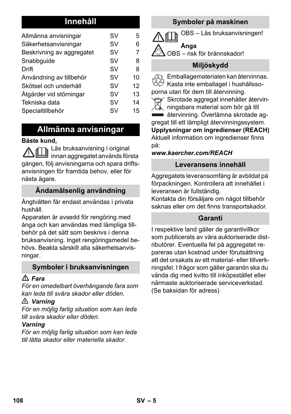 Svenska, Innehåll, Allmänna anvisningar | Karcher SC 6-800 C User Manual | Page 108 / 326