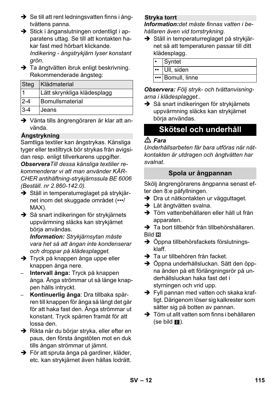 Skötsel och underhåll | Karcher SC 6-800 C User Manual | Page 115 / 326