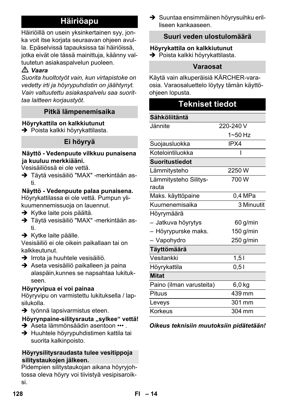 Häiriöapu, Tekniset tiedot | Karcher SC 6-800 C User Manual | Page 128 / 326