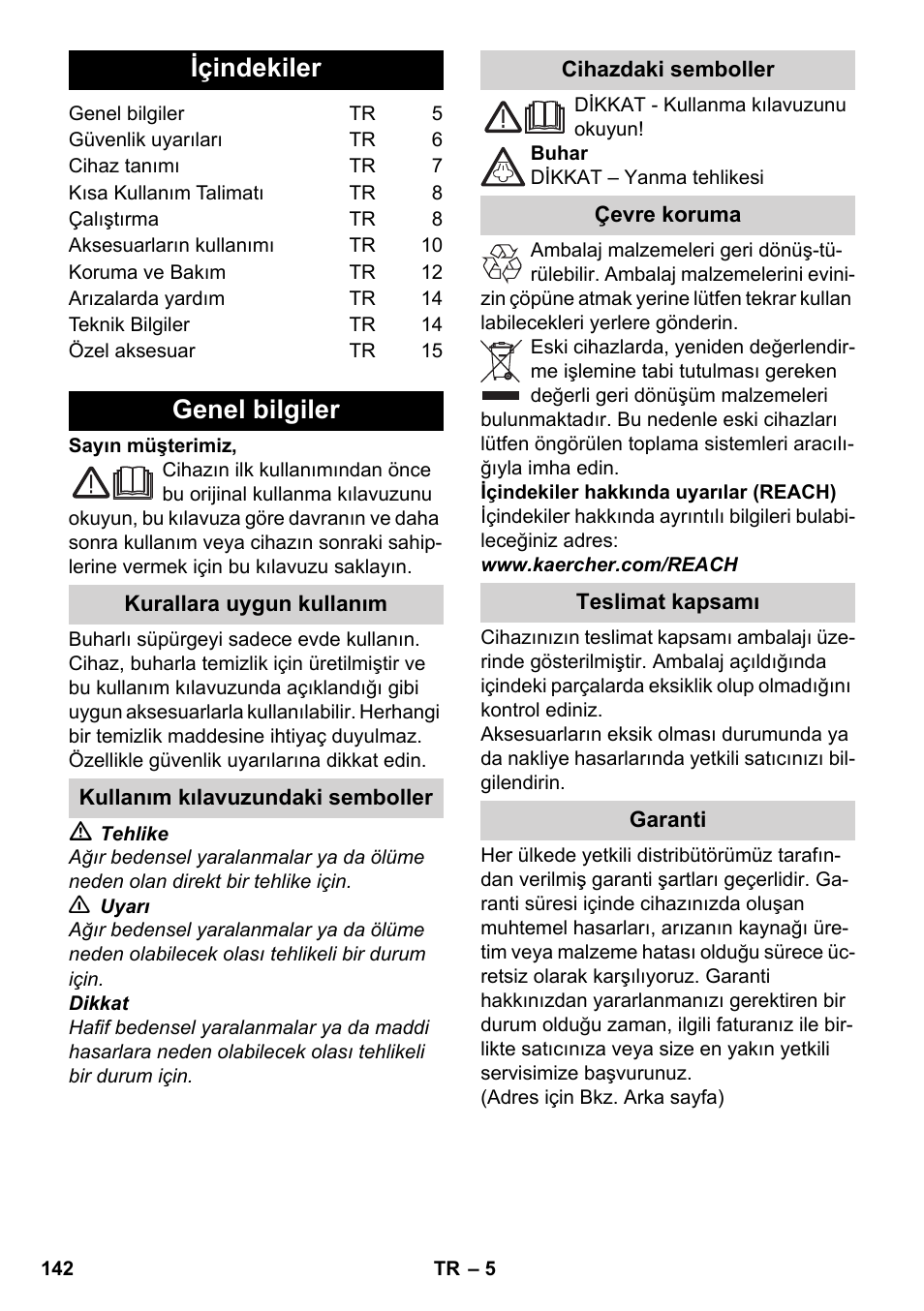 Türkçe, Içindekiler, Genel bilgiler | Karcher SC 6-800 C User Manual | Page 142 / 326